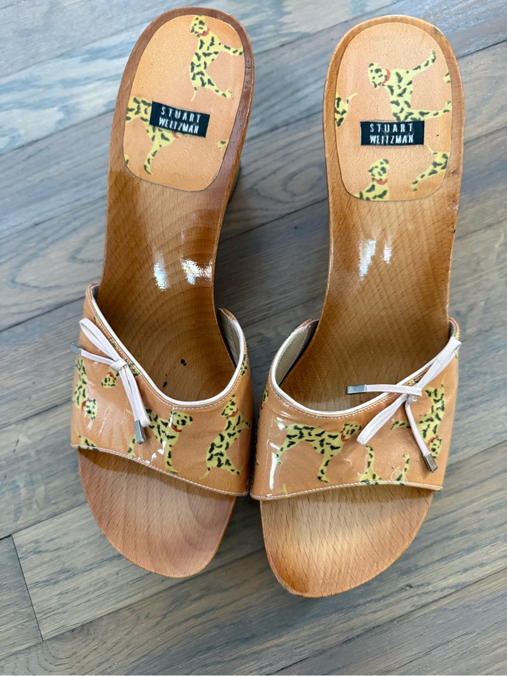 Stuart Weitzman Peach Leopard-Print Slide Mules with Bow